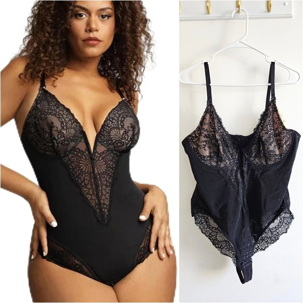 Popilush Lace Shapewear Bodysuit Women V Neck Tummy Control Body Suit Thongs 3XL